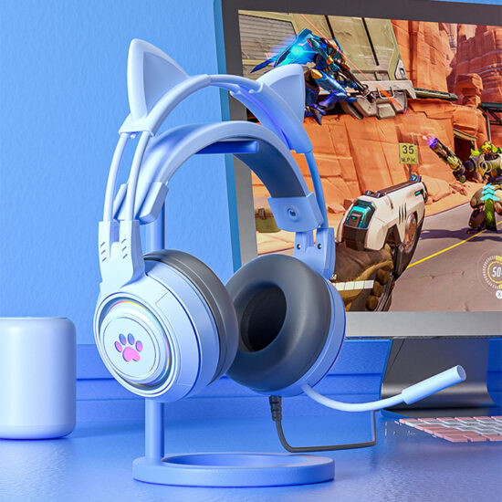 Wired headphones with glowing LED cat ears and mic