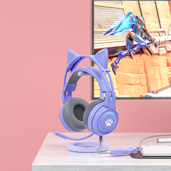 Wired headphones with glowing LED cat ears and mic