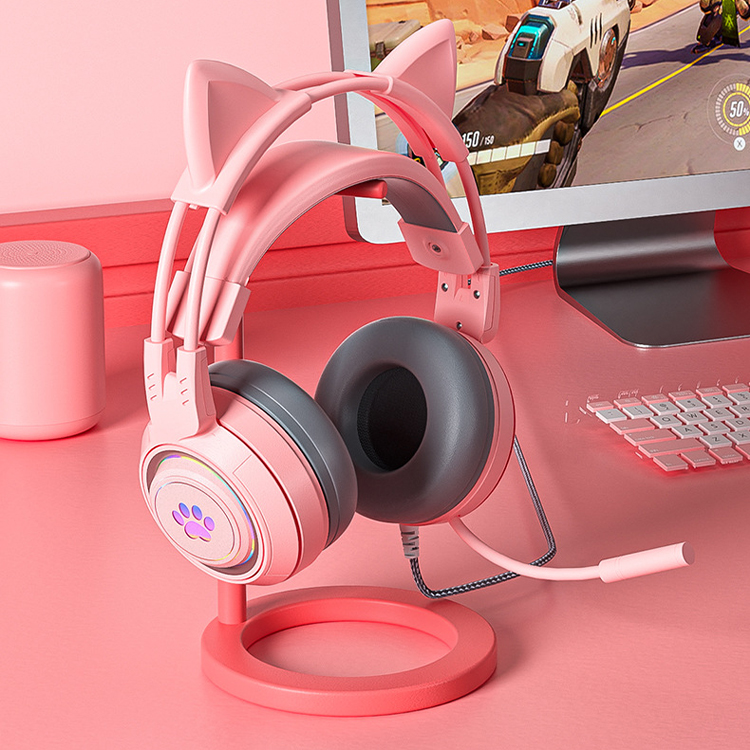 Wired headphones with glowing LED cat ears and mic