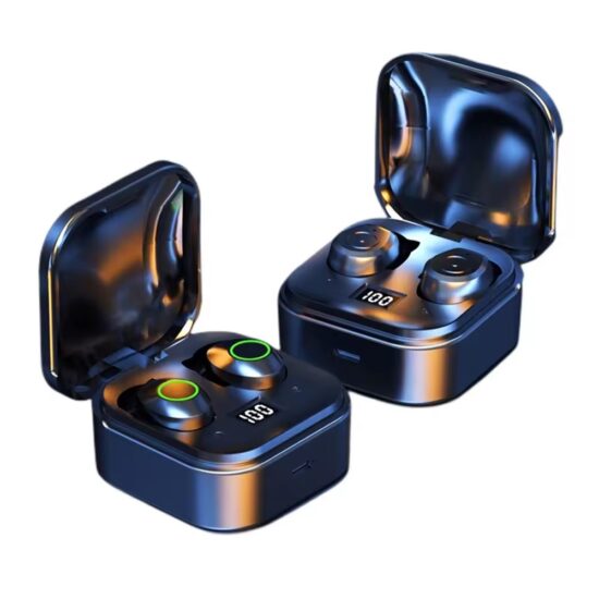 Mini waterproof stereo earbuds with LED battery display